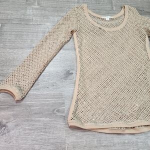 BOSTON PROPER Nude Sequin Net Long Sleeve Cover Up Tunic Top XS